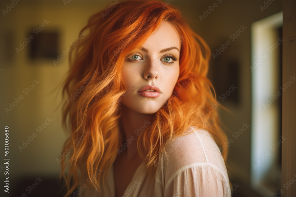 Portrait of woman with loose red hair. Styling. generate by ai Portrait of woman with loose red hair. Styling. generate by ai