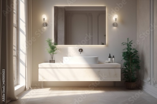 modern design counter house interior luxury sink faucet bright bathroom sunlight. Generative AI.