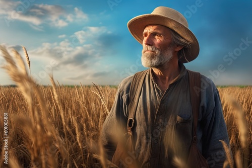 cowboy farmer staring out at theWheat background photorealistic portraiture