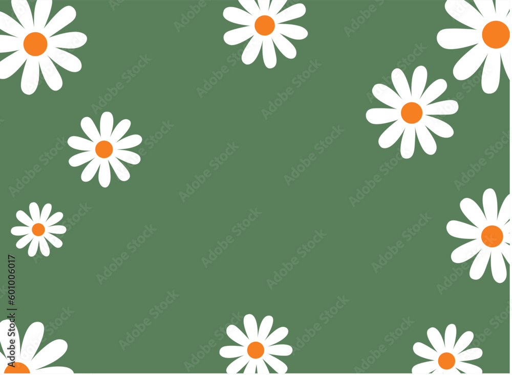Seamless pattern with daisy flower and little hearts on green ...