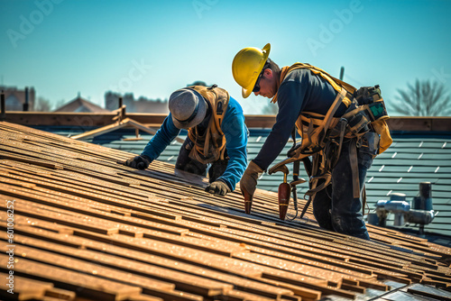 Wallpaper Mural Two workers with tools and hard hats on a roof executing a generic job. Created with Generative AI technology. Torontodigital.ca