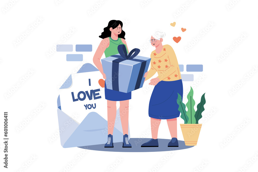 A woman surprises her mother with a heartfelt card and a thoughtful gift to show her appreciation A woman surprises her mother with a heartfelt card and a thoughtful gift to show her appreciation