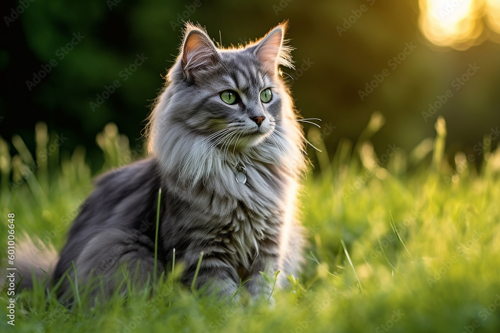 Cat looks to the side and sits on a green lawn, Portrait of a fluffy gray cat with green eyes in nature.