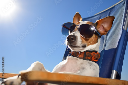 Sunbathing Pooch: Smiling Jack Russell Relaxing with Sunglasses on Lounge Chair. Generative AI © Fabrizio