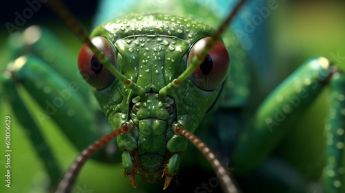 Yellowish green grasshopper face, Close up,Generative, AI, Illustration. © visoot