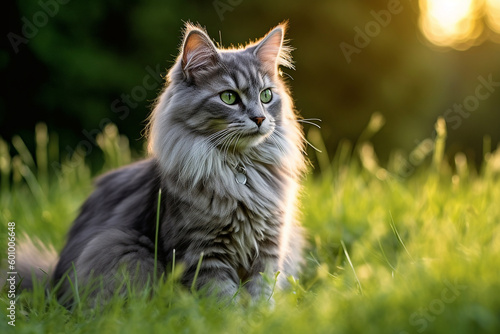 Cat looks to the side and sits on a green lawn, Portrait of a fluffy gray cat with green eyes in nature. © visoot