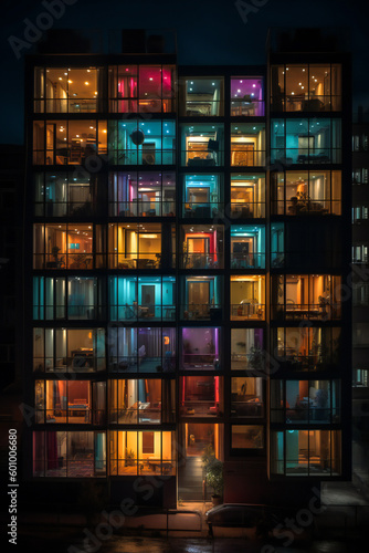 Night view of a group of colorful apartments. Created with Generative AI technology.