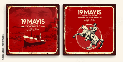 Print op canvas 19 mayis Ataturk'u Anma, Genclik ve Spor Bayrami , 19 may Commemoration of Ataturk, Youth and Sports Day, Bandirma Vapuru Ship vintage vector illustration