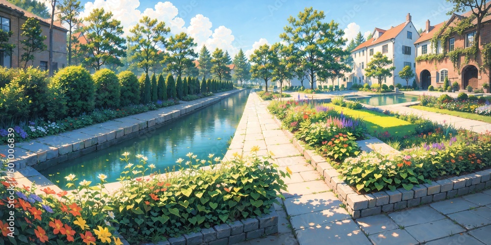 Fototapeta premium anime style background, landscape, park, lake, river, garden, backyard, architecture, blue sky, generative ai, generative, ai