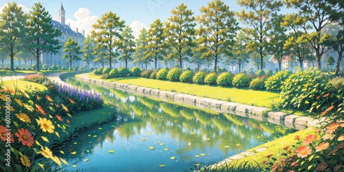 anime style background, landscape, park, lake, river, garden, backyard, architecture, blue sky, generative ai, generative, ai