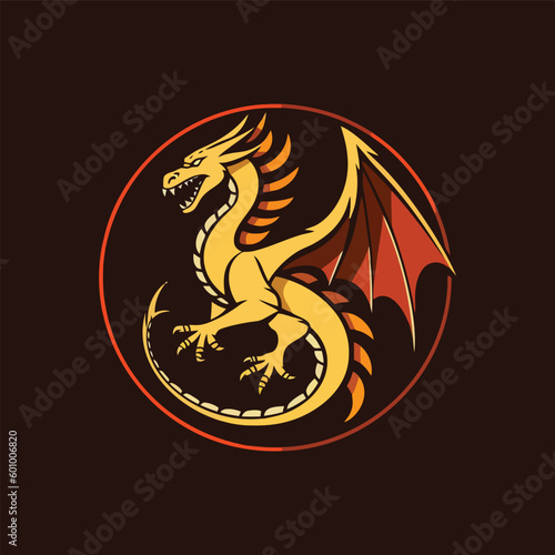 Dragon logo design template. Vector illustration of a dragon icon isolated on dark background.