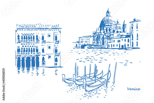 Venice, Italy, travel , tourism , Santa Maria della Salute , Ca' d'Oro , gondola, sketch , architectural monuments, italian seaside
