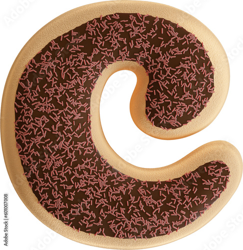 3D Realistic Letter C Of Alphabet Glazed Donut With Strawberry Sprinkles