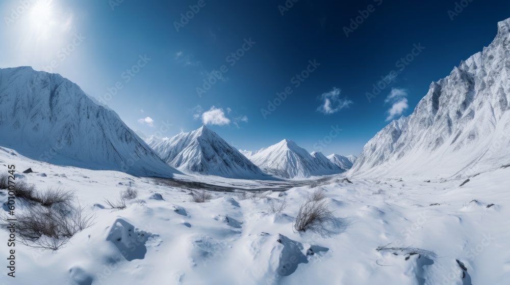 Stunning snow capped mountains in a wide angle image. AI generative.