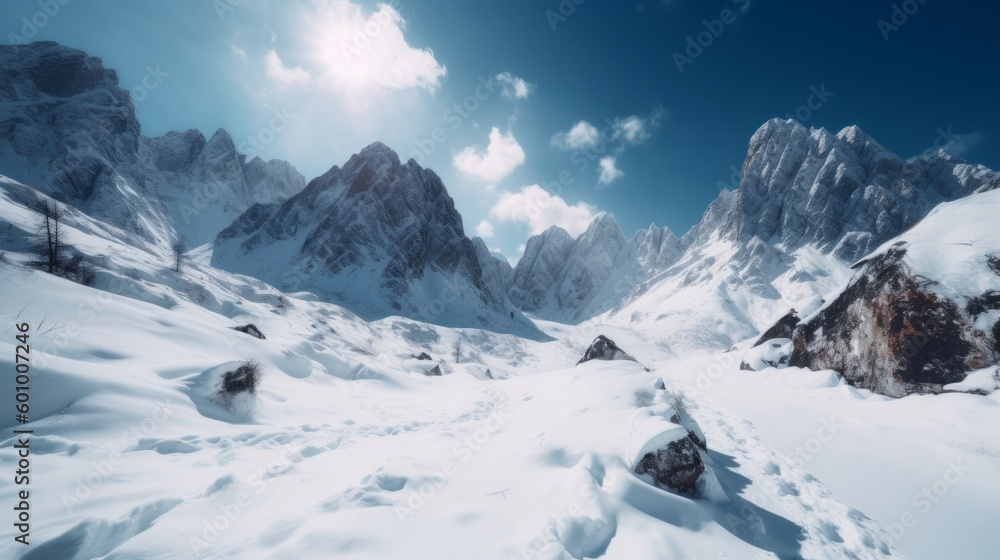 Stunning snow capped mountains in a wide angle image. AI generative. Stunning snow capped mountains in a wide angle image. AI generative.