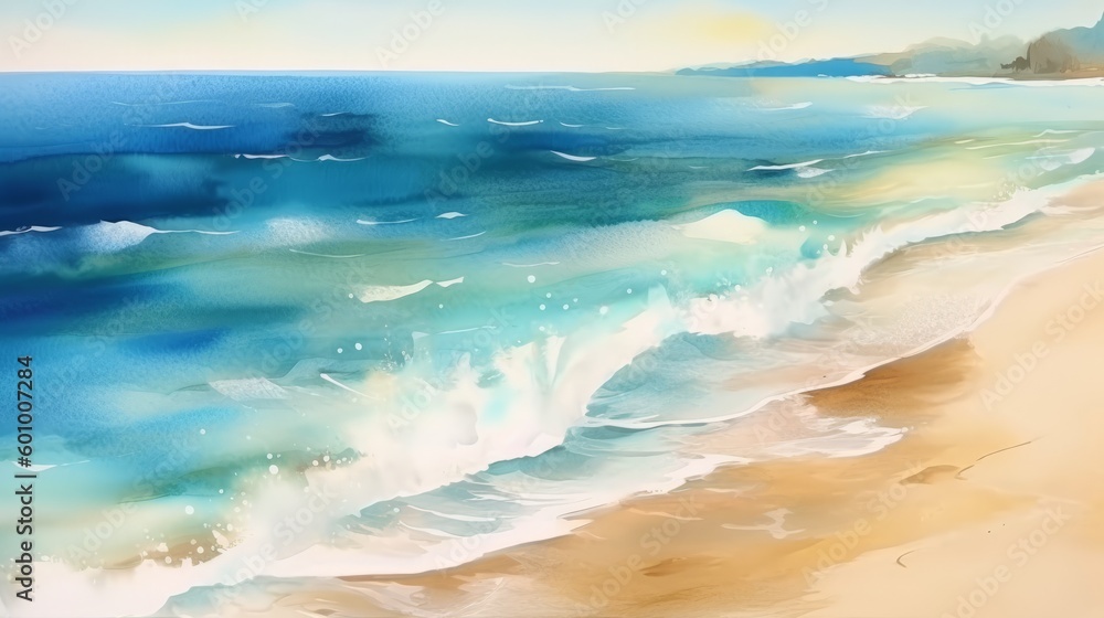 Summer background in watercolor style sea wave and sand beach. AI generative.