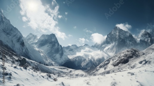 Stunning snow capped mountains in a wide angle image. AI generative.