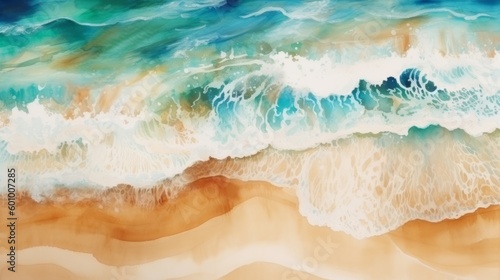 Summer background in watercolor style sea wave and sand beach. AI generative.