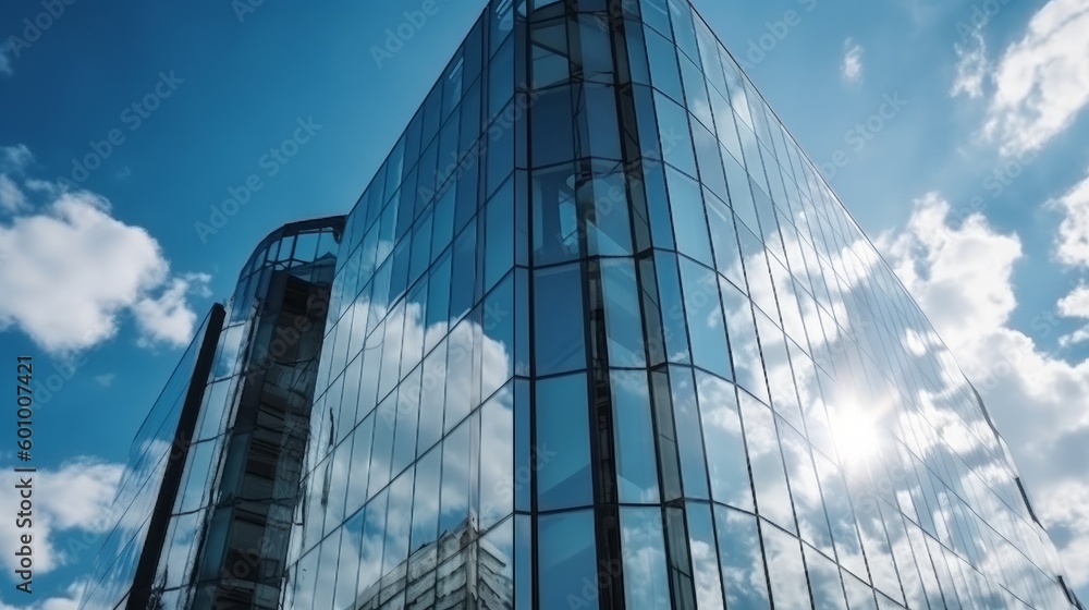 Naklejka premium Beauty of glass architecture with a blue sky. AI generative.