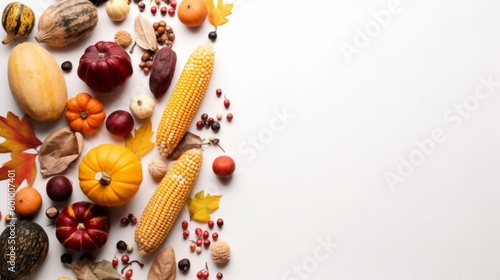 Thanksgiving day concept. Top view of raw vegetables. on white background. AI generative.