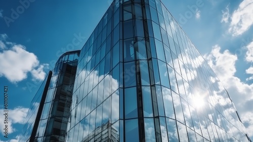 Beauty of glass architecture with a blue sky. AI generative.