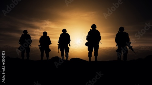The silhouette of the soldiers on sunset background. Ai generative.