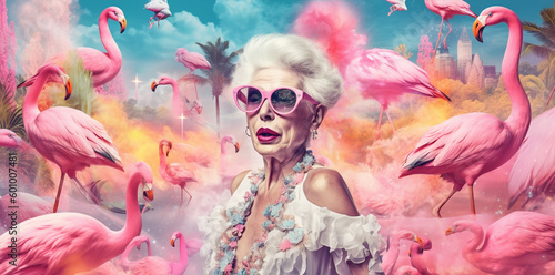 beautiful old juvenile woman with a peculiar fashion style and white hairstyle on a surreal dreamlike collage, pink pastel candy colors andpink flamingoes, generative ai illustration photo