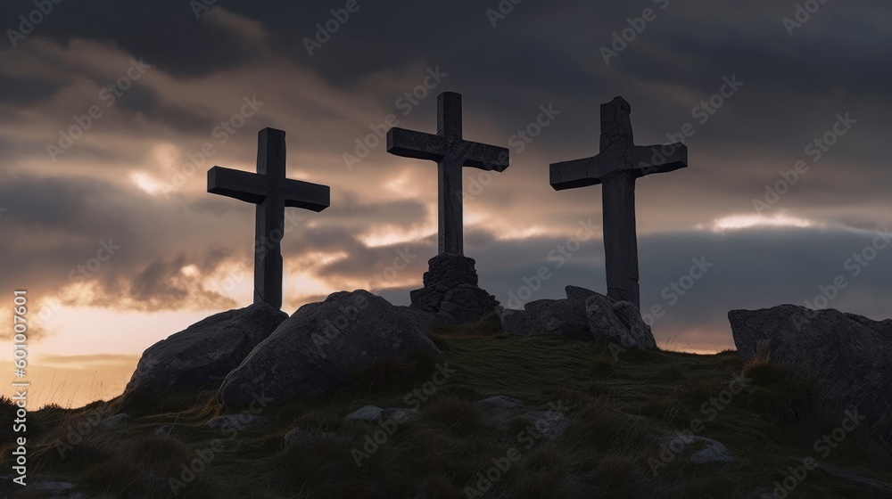 Three crosses on mount the sunset and a slightly gloom. AI generative.