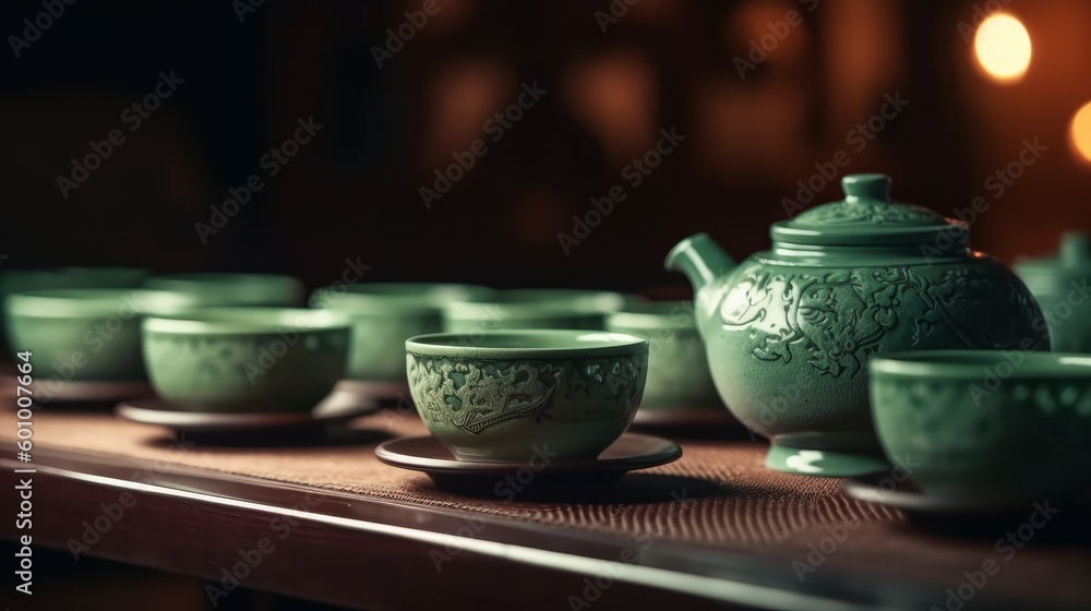 Chinese Ceremony. Brown ceramic pot and brown cup. Chinese tea cup and teapot. AI generative. Chinese Ceremony. Brown ceramic pot and brown cup. Chinese tea cup and teapot. AI generative.
