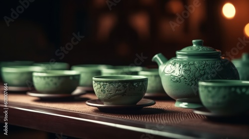 Chinese Ceremony. Brown ceramic pot and brown cup. Chinese tea cup and teapot. AI generative.