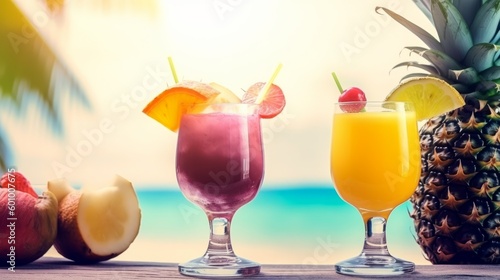 Tropic summer vacation. Exotic drinks on blur tropical background. AI generative.