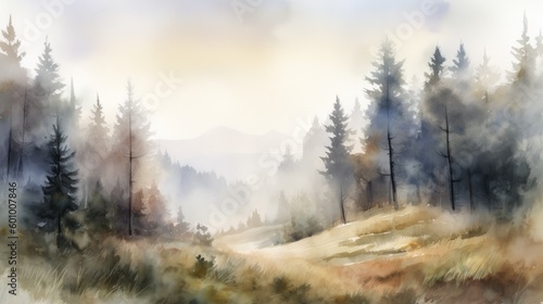 Watercolor landscape. Coniferous and morning forest. AI generative. © vadymstock