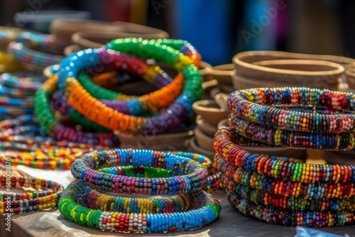 Beaded plastic necklaces, bangles or bracelets in rainbow colors. Focus on the whimsical, budget-friendly handicrafts that are popular souvenirs for tourists. Generative Ai © bluebeat76