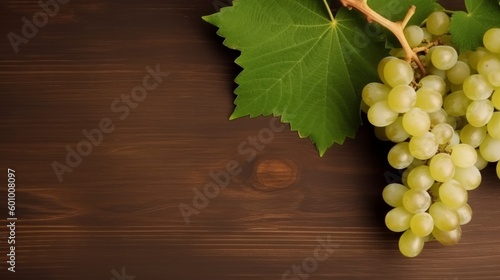 Wine list background sweet red grapes and leaf. On wooden background. AI generative.