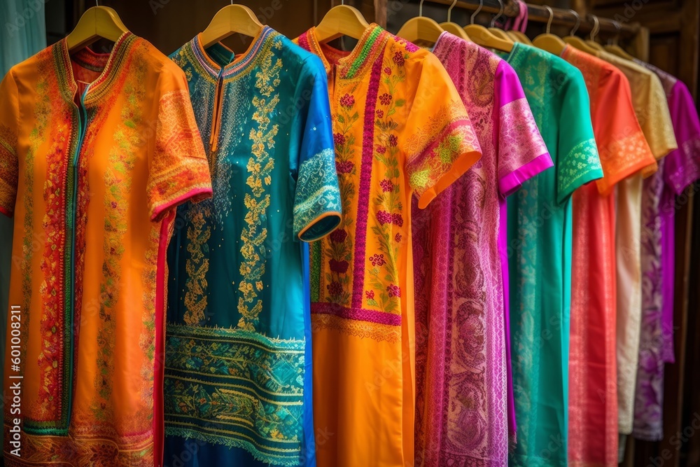 A colorful silkao dai, the traditional Vietnamese tunic dress worn by women. Focus on the elegant garments that are carefully crafted and passed down through generations. Generative Ai