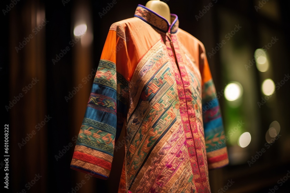 A colorful silkao dai, the traditional Vietnamese tunic dress worn by women. Focus on the elegant garments that are carefully crafted and passed down through generations. Generative Ai