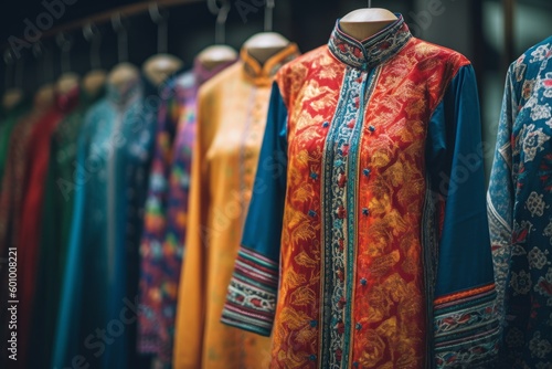 A colorful silkao dai, the traditional Vietnamese tunic dress worn by women. Focus on the elegant garments that are carefully crafted and passed down through generations. Generative Ai © bluebeat76