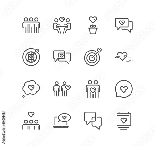 Set of friendship and love related icons, mutual understanding, interaction, assistance business, trust, social responsibility and linear variety vectors.