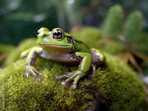 A green frog sits on moss-covered pebbles