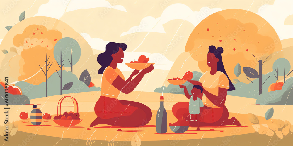 Mother and Child Picnic: Flat illustration of mother and child enjoying a picnic in the park with playful shapes and colors. Generative AI.