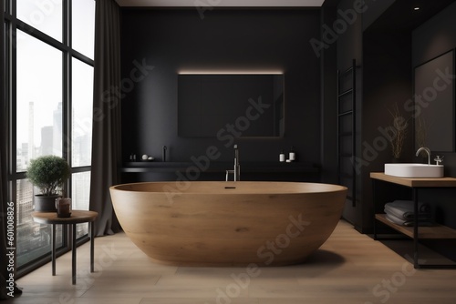 luxury black bathroom home interior wood bathtub wall design modern furniture. Generative AI.