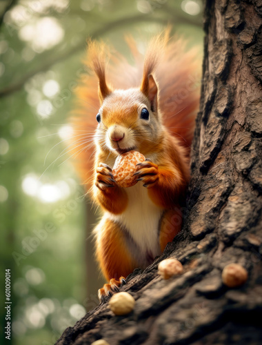 Photo of a squirrel eating nuts on a tree