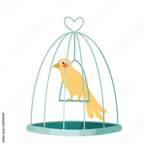 Yellow bird in cage. Vector cartoon illustration. Isolated on white,