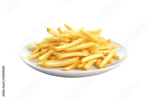 Plate full of french fries on cutout PNG transparent background. Generative AI