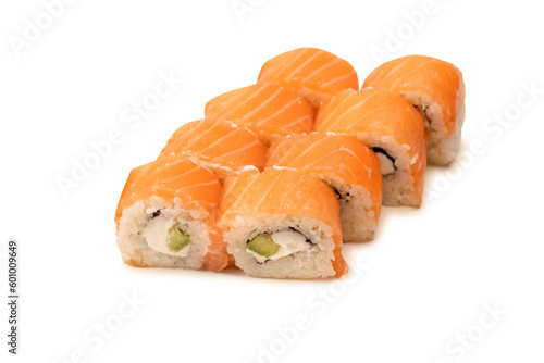 Sushi with cream cheese and salmon isolated on white background.