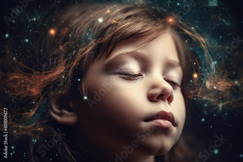 sleeping girl child dreams of space with stars in dream at night. Generative AI