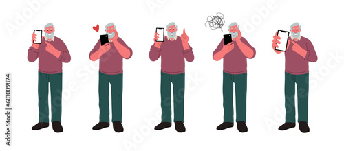 Senior man with mobile phone,different emotions.Vector Illustration