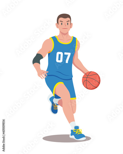 Flat style basketball player dribbling cartoon illustration 