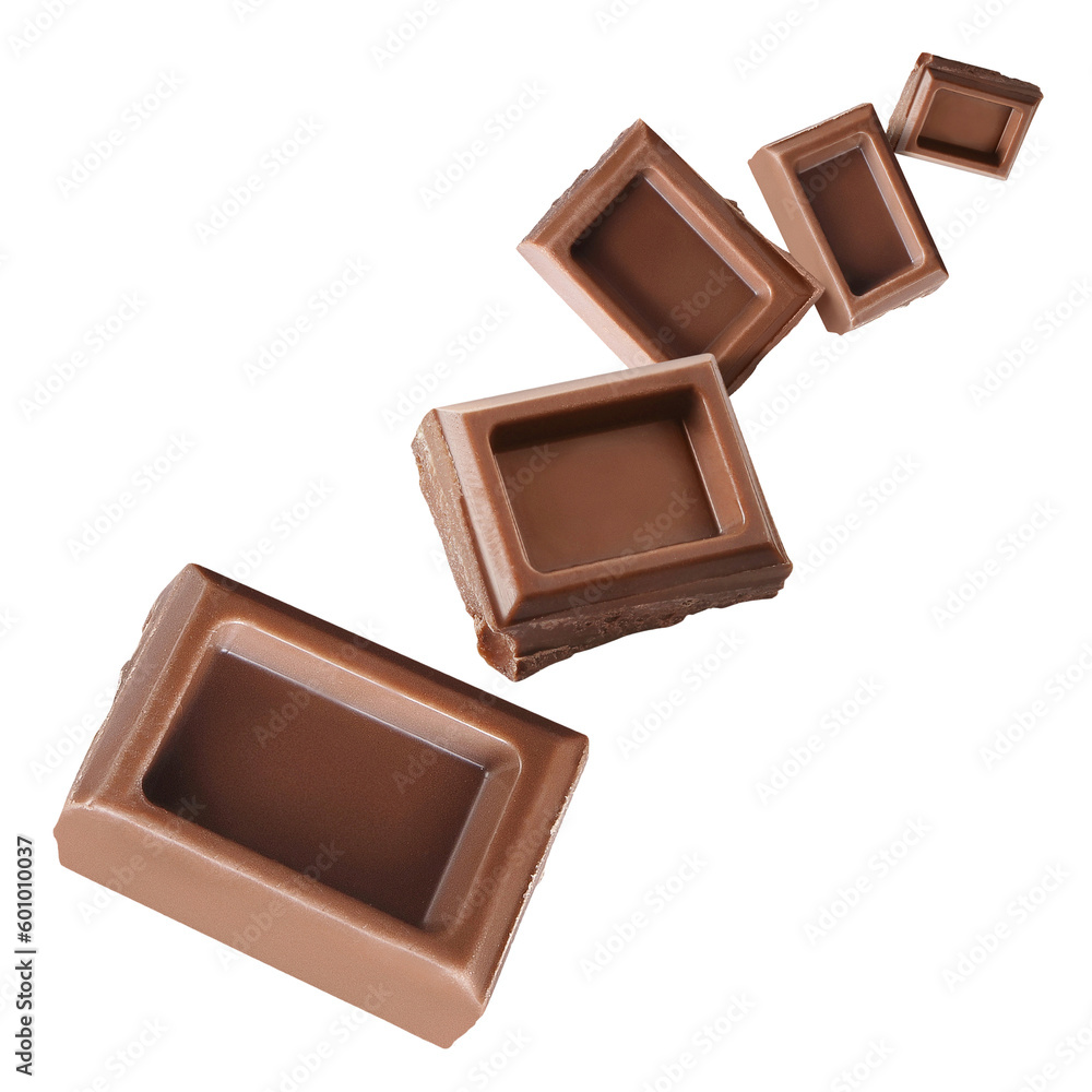 Flying delicious chocolate pieces cut out Flying delicious chocolate pieces cut out