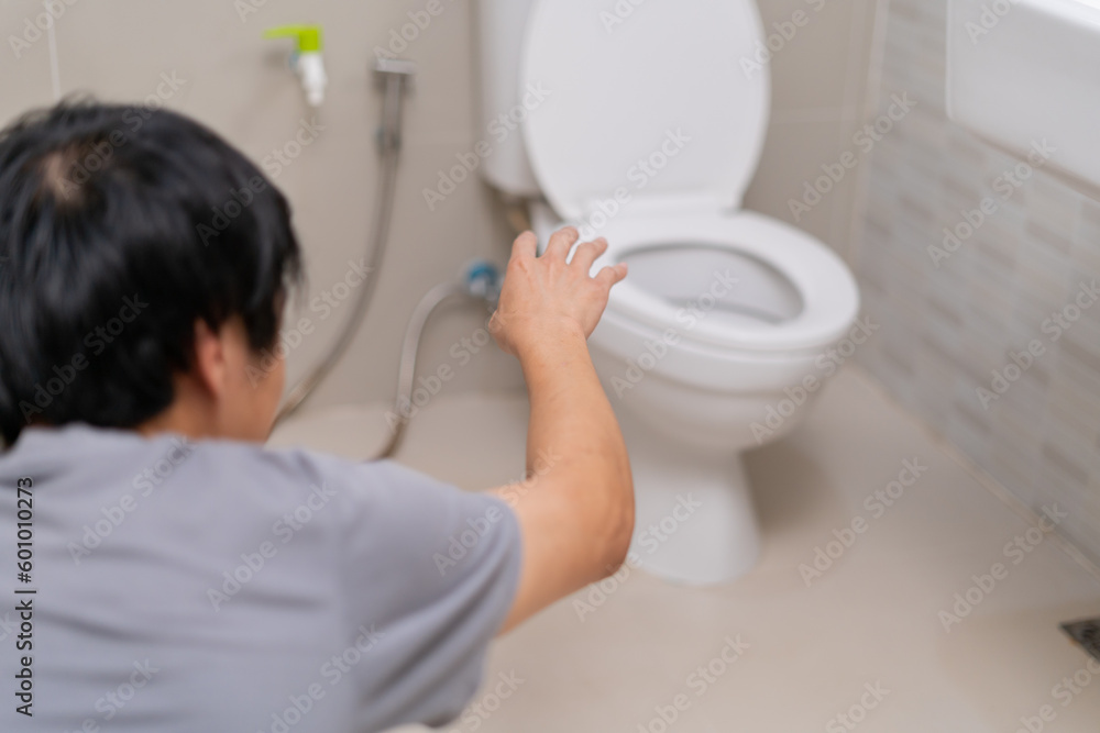 Constipation and diarrhea in bathroom. Hurt man touch belly stomach